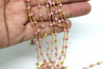 22 k Gold Natural Rhodonite Rosary Chain, 4 mm Stone Gold Pyrite Beaded Wire Wrapped Unfinished Chains by the Foot Diamond cut Gemstone Bulk - A Girls Gems